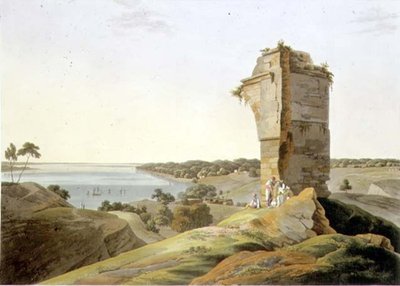 منظر من أطلال حصن كورا ، على نهر الغانج ، اللوحة 21 من الجزء 4 من "المشهد الشرقي" ، حانة. 1803 (أكواتينت) بواسطة توماس وويليام دانييل