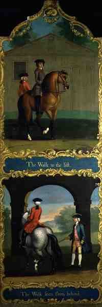"The Walk to the Lift" (أعلى) و "The Walk Seen from Behind" (أسفل) ، حوالي عام 1750 (زيت على قماش) بواسطة توماس أوف بال مول (Attr. To) بتلر