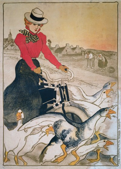 Woman on motorized velocipede and group of geese بواسطة ثيوفيل الكسندر شتاينلين