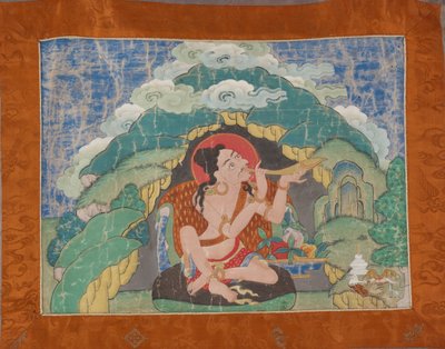 Mahasiddha Krishnacharya ، من مجموعة جزئية من Thangkas ، أوائل القرن التاسع عشر (أصباغ معدنية على قطن بحجم ؛ تركيب الديباج الأصلي) بواسطة مدرسة التبت