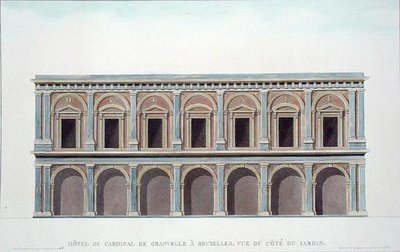مقر إقامة الكاردينال دي جرانفيل (1517-86) ، بروكسل ، منظر من الحديقة ، من "اختيار المعالم الأثرية والصروح والمنازل الأكثر شهرة في مملكة هولندا" بقلم بيير جاك جوتغبور ، نُشر عام 1827 (أكواتينت) (انظر أيضًا 189226) بواسطة تيلمان فرانسوا (بعد) سويز