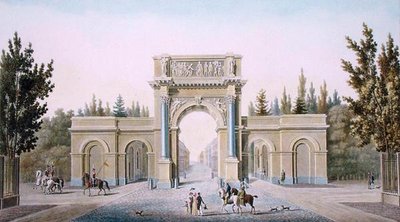 Porte de Guillaume ، بروكسل ، من "اختيار المعالم الأثرية الأكثر روعة ، الصروح والمنازل في مملكة هولندا" بقلم بيير جاك جوتغبور ، محفور بواسطة المؤلف ، نُشر عام 1827 (طباعة مائية) بواسطة تيلمان فرانسوا (بعد) سويز