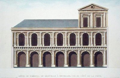 منظر جانبي لمقر إقامة الكاردينال دي جرانفيل (1517-86) ، بروكسل ، من "اختيار أفضل المعالم الأثرية ، الصروح والمنازل في مملكة هولندا" بقلم بيير جاك جوتغبور ، محفور بواسطة المؤلف ، نُشر عام 1827 (طباعة مائية) ) (انظر أيضا بواسطة تيلمان فرانسوا (بعد) سويز