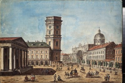 Vue de la Prospect Nevski a Saint بطرسبرغ (منظر شارع نيفسكي بروسبكت في سانت بطرسبورغ) - عمل تيموفي أليكسييفيتش فاسيلييف (1783-1838)، ألوان مائية وحبر على ورق، حوالي عام 1810 - فن روسي بواسطة تيموثي أليكسييفيتش فاسيليف