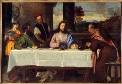 Dinner at Emmaus Meet Jesus with pelerins. Painting by Tiziano Vecellio dit le Titian (1485-1576) 16th century Sun. 1,69x2,44 m بواسطة تيتيان (1488-1576)