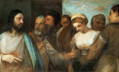 Le Christ et la femme adultere - المسيح والمرأة المأخوذة في الزنا ، بواسطة تيتيان (1488-1576). زيت على قماش ، ج. 1520. الأبعاد: 82.5 × 136.5 سم. متحف تاريخ الفن ، فيين بواسطة تيزيانو فيتشيلي