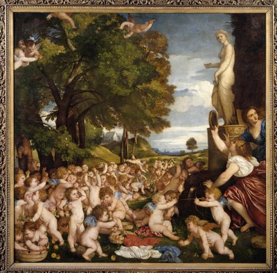 يجتمع Offrande a Venus Little amours (angelots) للإشادة بالإلهة أفروديت - لوحة بواسطة Tiziano Vecellio تسمى Titian (1485-1576) 1518 Sun. 1.72 × 1.75 م متحف مدريد دو برادو - عبادة الزهرة - لوحة تيزيانو فيسيليو تسمى تيت بواسطة تيزيانو فيتشيلي