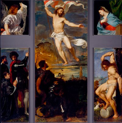 القيامة "" العذراء "" "" القديس سيباستيان "" و الرعاة. لوحات من Averoldi polyptych. الرسم على الخشب بواسطة Tiziano Vecellio المسمى Titian (حوالي 1490-1576) القرن السادس عشر ، Brescia ، كنيسة القديسين Nazzaro و Celso بواسطة تيتيان (1488-1576)