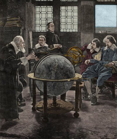 جون ميلتون (1608-1674) يزور جاليليو جاليلي (الجليل) ، في سجنه التابع لمحاكم التفتيش في أرسيتري ، بالقرب من فلورنسا ، في عام 1640. نقش القرن التاسع عشر من لوحة ت. ليسي. بواسطة تيتو ليسي