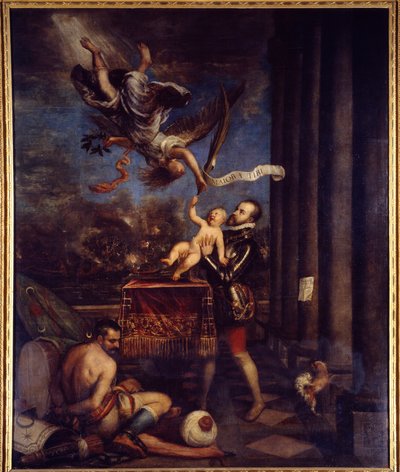 قدم فيليب الثاني بعد انتصار ليبانت (1571) إلى الجنة الأمير دون فرديناند. لوحة لتيزيانو فيسيليو تسمى تيتيان (1485-1576). زيت على قماش. الأبعاد: 3،35 × 2،74 م. مدريد ، متحف برادو. بواسطة تيزيانو فيتشيلي