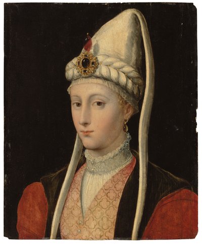 صورة لامرأة ، ربما هيكي Hürrem سلطان ، تسمى Roxelana ، طول التمثال النصفي ، بالزي العثماني ، مع غطاء رأس مرصع بالجواهر بواسطة تيزيانو فيتشيلي