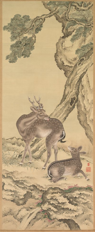 رموز طول العمر: الغزلان تحت الخوخ والصنوبر الخوخ يسار ، 1801. بواسطة تودا تاداناكا