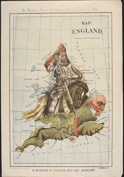 A Modern St George and the Dragon: رسم كاريكاتوري سياسي ، على شكل خريطة إنجلترا ، يسخر من هزيمة جلادستون البرلمانية على الحكم الأيرلندي الداخلي. مراجعة سانت ستيفن ، 9 يونيو 1888 بواسطة توم ميري