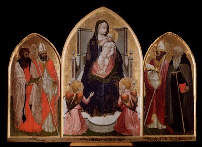 San Giovenale Triptych: Virgin and Child, left panel with Saint Bartholomew and Saint Blaise, and right panel depicts Saint Juvenal (Giovenale) - altarpiece بواسطة توماسو ماساتشيو