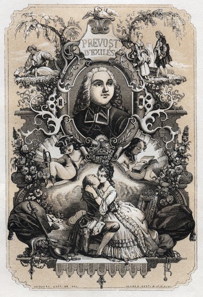 واجهة كتاب "Histoire de Manon Lescaut et du Chevalier Des Grieux" بقلم آبي بريفوست (أنطوان فرانسوا بريفوست) (1697-1763) - طبعة من عام 1839 رسمها توني جوهانوت (1803-1852) بواسطة توني جوهانو