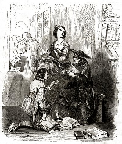 الكاهن بيرو بيريز والحلاق نيكولاس يتفقدان الكتب في مكتبة دون كيشوت، حوالي عام 1850 (رسم توضيحي) بواسطة توني جوهانو