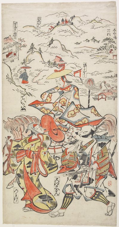 Fujiwara no Teika على ظهور الخيل برفقة O_e Saemon و The Woman Nowake ، ج. 1710 بواسطة Torii Kiyomasu II