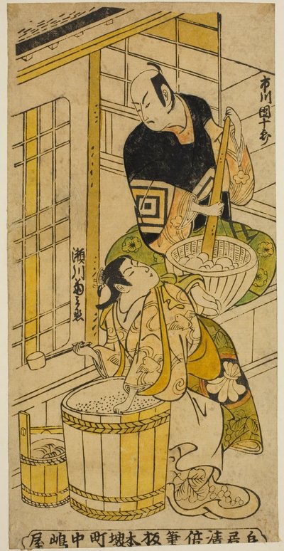 الممثل Ichikawa Danjuro II بدور Kenkaya Gorouemon و Segawa Kikunojo I في دور Osen في مسرحية "Hatsugoyomi Akinai Soga" التي قدمت في مسرح ناكامورا في الشهر الأول ، 1732 بواسطة Torii Kiyomasu II