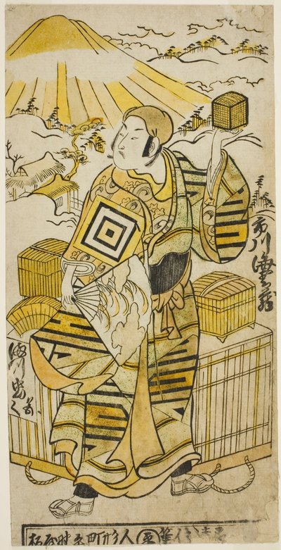 الممثل Ichikawa Ebizo II في دور Goto Saemon في مسرحية "Tokaido Yukumi Guruma" ، التي عُرضت في مسرح Ichimura في الشهر الثامن ، 1736 بواسطة Torii Kiyomasu II