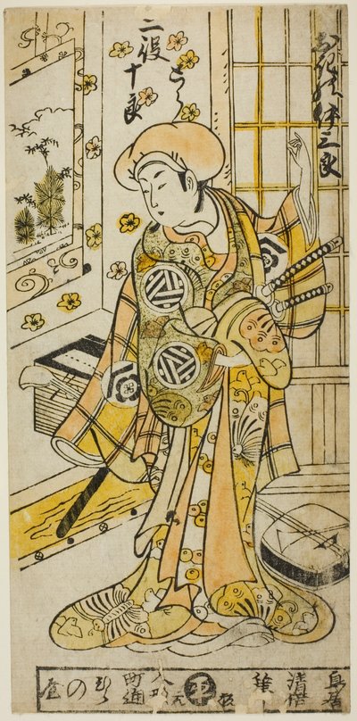 الممثل Ogino Isaburo I في دورين ، Tora و Soga no Juro ، في مسرحية "Juhakko Imayo Soga" التي قدمت في مسرح ناكامورا في الشهر الأول ، 1734 بواسطة Torii Kiyomasu II