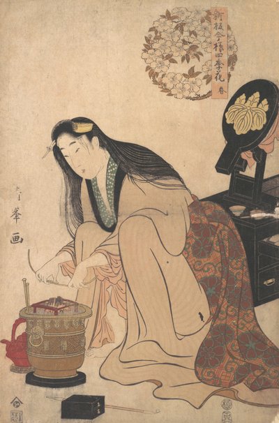 Lady Arranging Binsashi داعم للشعر فوق الصدغ لتثبيته في شعرها ، كاليفورنيا ... ، كاليفورنيا. 1808. بواسطة Torii Kiyomine