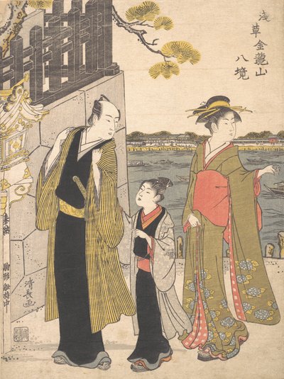 رجل مع صبي وغيشا يزوران معبد كينريوسان ، كاليفورنيا. 1787. بواسطة توري كيوناجا