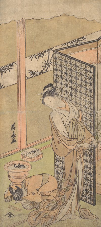 Oiran in Night Attire ، تتوقف ، بيد واحدة على الشاشة التي تحيط بسريرها ، ... ، ca. 1770. بواسطة توري كيوناجا
