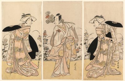 Bando Mitsugoro II بدور Tennen no Mansaku-kitsune و Ichikawa Monnosuke III في دور Nikaido Shinanonosuke و Iwai Hanshiro IV في دور Okura no Kojoro-kitsune في المشهد من الدراما Moto Mishi Yuki Sakae Hachi-no-ki (Nidaime Bando no Tennen no mansaku بواسطة توري كيوناجا