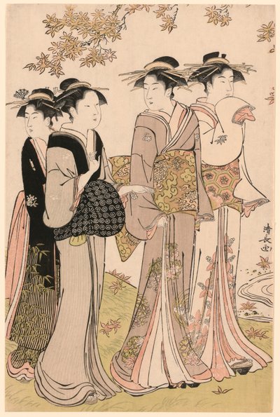 جميلات تحت شجرة القيقب ، من سلسلة "مجموعة من الجمال المعاصر لأحياء المتعة (Tosei yuri bijin awase)" بواسطة توري كيوناجا