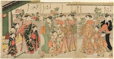 المحظيات من Yoshiwara ومرافقيهم يشاهدون الفاونيا في ناكانوتشو بواسطة توري كيوناجا