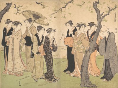 مجموعة من ستة جيشا تحت أشجار الكرز في جوتينياما ، كاليفورنيا. 1785. بواسطة توري كيوناجا