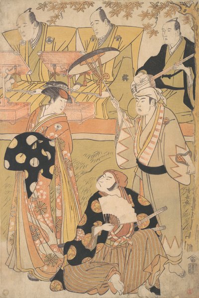 Onoe Matsusuke I بصفته Oiran يقف على اليسار ، يتحدث إلى ناكامورا ناكازو الأول بصفته سامًا ... ، كاليفورنيا. 1788. بواسطة توري كيوناجا