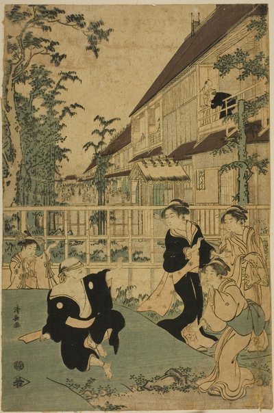 تسلية في الهواء الطلق في Kankanro Teahouse في Yoshiwara بواسطة توري كيوناجا
