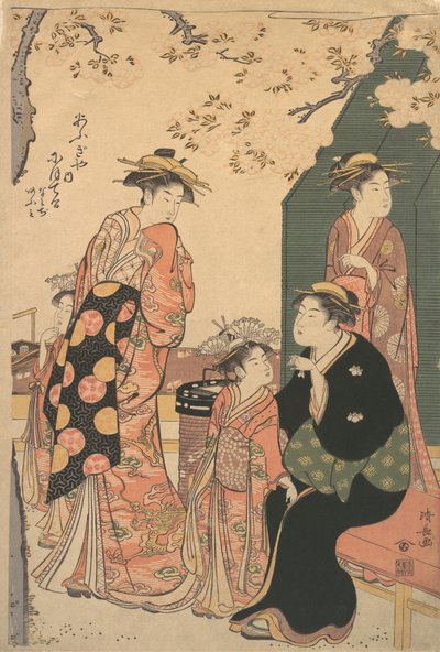 صورة للمحظية نيوتيرو من أوجيا ، مع اثنين من المرافقين لها ناميجي وآو ... ، كاليفورنيا. 1785. بواسطة توري كيوناجا