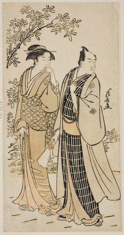 الممثل Ichikawa Monnosuke II وزوجته ، من سلسلة بدون عنوان من المطبوعات تظهر الممثلين في الحياة الخاصة بواسطة توري كيوناجا