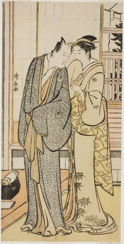 الممثل Ichikawa Yaozo III مع غيشا ، من سلسلة بدون عنوان من المطبوعات التي تُظهر الممثلين في الحياة الخاصة بواسطة توري كيوناجا