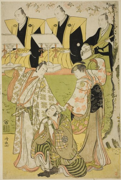 الممثلون Ichikawa Monnosuke II بدور Munesada ، و Segawa Kikunojo III في دور المحظية Sumizome ، و Nakamura Nakazo I في دور Sekibei ، في مسرحية "Tsumoru Koi Yuki no Seki no To" التي تم عرضها في مسرح كيري في الشهر الحادي عشر ، 1784 بواسطة توري كيوناجا
