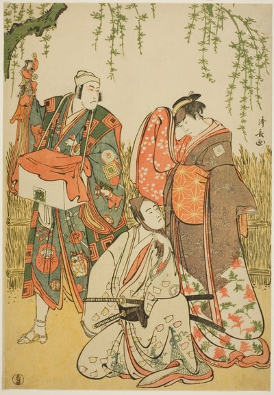 قام الممثلون Ichikawa Yaozo III بدور Shiragiku ، و Ichikawa Danjuro V بدور محرك الدمى Dekurokubei ، و Sawamura Sojuro III في دور Soga no Juro ، في الجوروري "Shinobukoi Yanagi no Katsura Otoko" ، وقد تم أداؤه في مسرح ناكامورا في الشهر الأول ، 1785 بواسطة توري كيوناجا