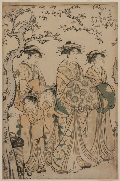 المحظية Senzan من Chojiya تتجول معها Kamuro Yasono و Yasoji و Two Shinzo ، 1786. بواسطة توري كيوناجا