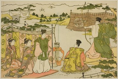 ممارسة الرماية الأولى للعام الجديد (يومي حاجي) ، من الكتاب المصور "ألوان الفجر الثلاثي (Saishiki mitsu no asa)" بواسطة توري كيوناجا