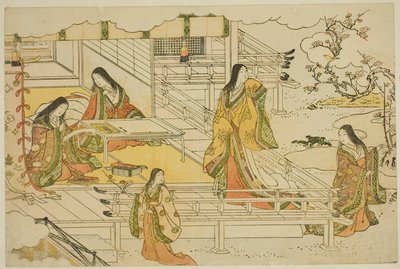 الخط الأول للعام الجديد (كيسشو حاجيم) ، من الكتاب المصور "ألوان الفجر الثلاثي (Saishiki mitsu no asa)" بواسطة توري كيوناجا