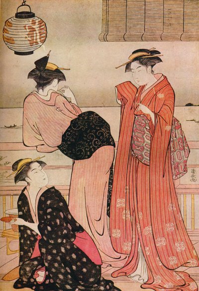 ثلاث فتيات في الشرفة الأرضية لمنزل شاي يطل على خليج إيدو في شيناغاوا ، c1752-1815 بواسطة توري كيوناجا