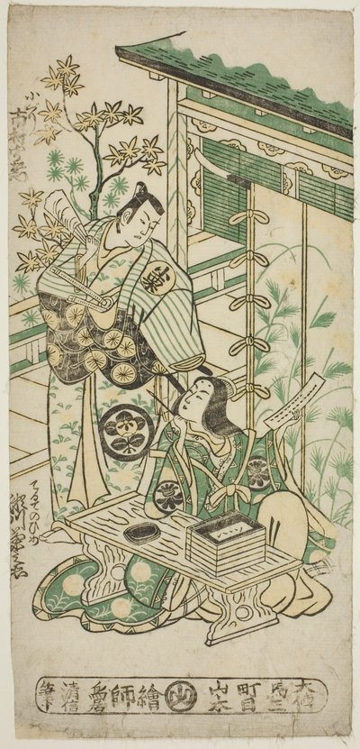 الممثلان Ichimura Uzaemon VIII في دور Oguri Hangan و Segawa Kikunojo I في دور Terute no Mae في مسرحية "Mangetsu Oguri Yakata" التي عُرضت في مسرح Ichimura في الشهر الثامن ، 1747 بواسطة Torii Kiyonobu II