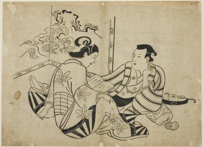 قراءة رسالة أمام الشاشة ، من سلسلة غير معنونة من 12 مطبوعة بواسطة Torii Kiyonobu I