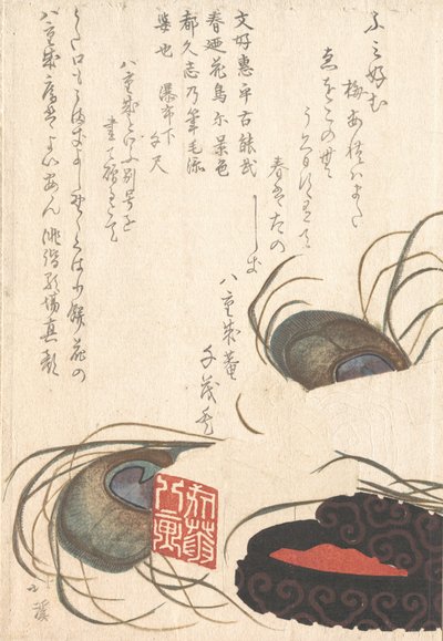 حجر الختم وحبر الختم مع ريش الطاووس ، من ألبوم Spring Rain Surimono H ... ، ربما 1817. بواسطة توتو هوكي