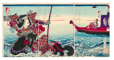 الممثلان Ichikawa Danjuro IX في دور Nasu no Yoichi Munetaka و Nakamura Fukusuke IV في دور Tamamushi Gozen بواسطة تويوهارا كونيتشيكا