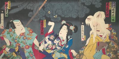 Onoe Kikugoro V بدور Otowake Neko no ke Right ، Bando Mitsugoro IV بدور Aisho Michinoku Cent ... ، 1870. بواسطة تويوهارا كونيتشيكا