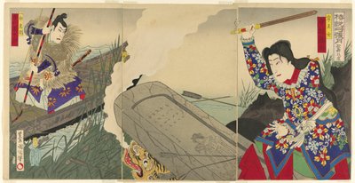 الممثلين ناكامورا فوكوسوكي الرابع في دور Neiojo و Ichikawa Danjuro IX في دور Hachiro Tametomo بواسطة تويوهارا كونيتشيكا