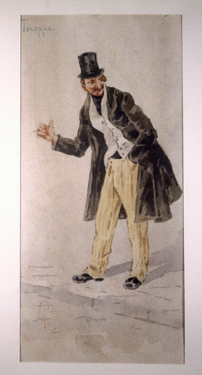 شخصية تيكوبا ابتكرها الممثل الميلاني إيدواردو فيرافيلا في عام 1874 ، بالألوان المائية بواسطة ترانكويلو كريمونا بواسطة ترانكيلو كريمونا