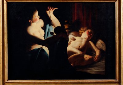 ""Psyche decouvre cupidon"" (Psyche discovers Cupid) Peinture de Trophime (Theophisme) Bigot, dit le maitre a la chandelle (1579-1650) Oil on canvas - Pinacoteca Civica, Teramo بواسطة الكأس التعصب